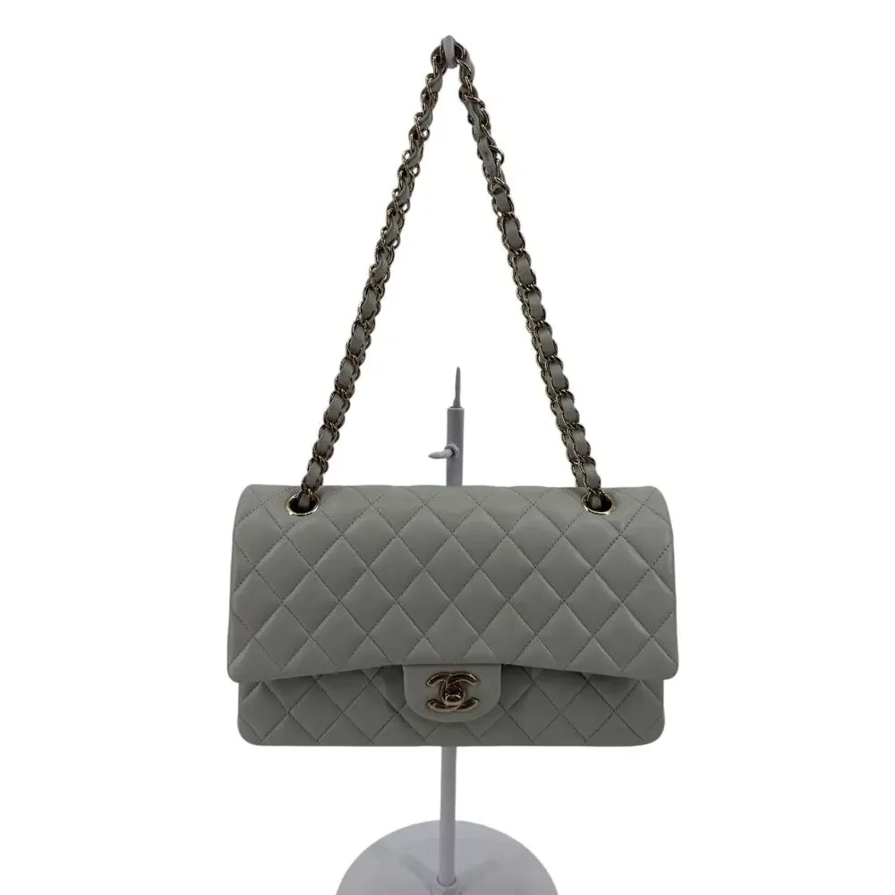 Chanel Lambskin Quilted Classic Double Flap Shoulder Bag Gray Gold Women's